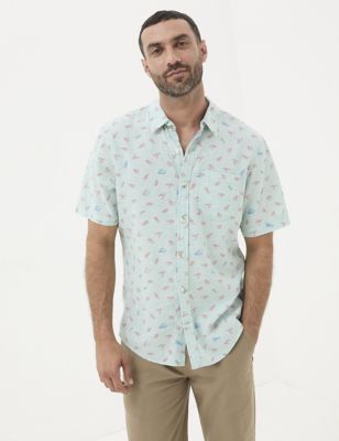 Fatface Men's Linen Blend Lobster Print Shirt - SREG - Blue Mix, Blue Mix