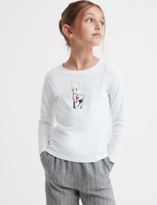 Reiss Girls Pure Cotton Reindeer Print Top (4-14 Yrs) - 5-6 Y - White, White