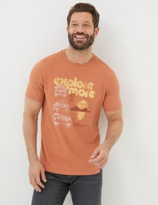Fatface Men's Pure Cotton Explore More Graphic T-Shirt - MREG - Orange Mix, Orange Mix