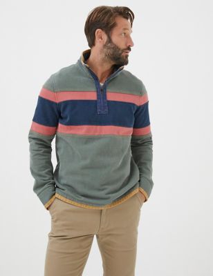 Fatface Mens Pure Cotton Striped Half Zip Sweatshirt - SREG - Green Mix, Green Mix