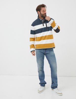 Fatface Men's Pure Cotton Striped Half Zip Sweatshirt - Yellow Mix, Yellow Mix