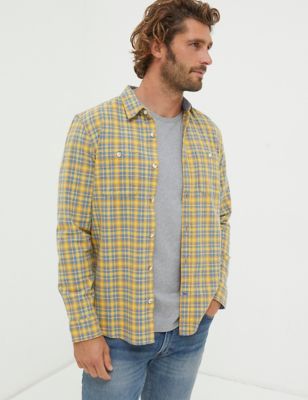 Fatface Men's Pure Cotton Check Oxford Shirt - XSREG - Yellow Mix, Yellow Mix