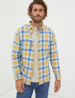 Fatface Men's Pure Cotton Check Oxford Shirt - SREG - Yellow Mix, Yellow Mix