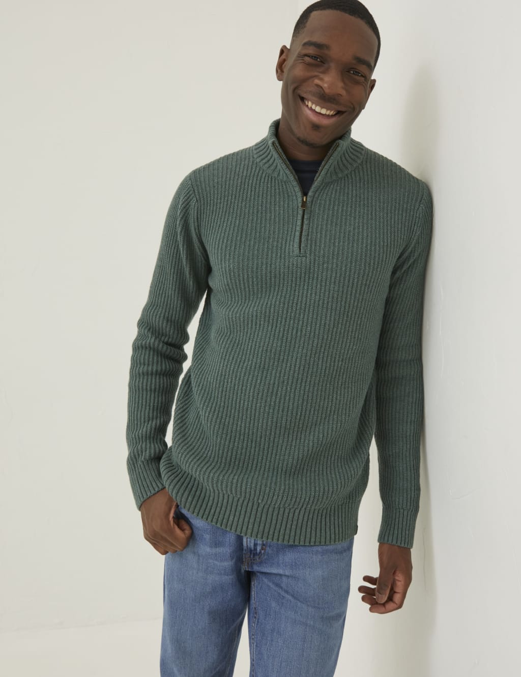 Pure Cotton Ribbed Half Zip Jumper image 1