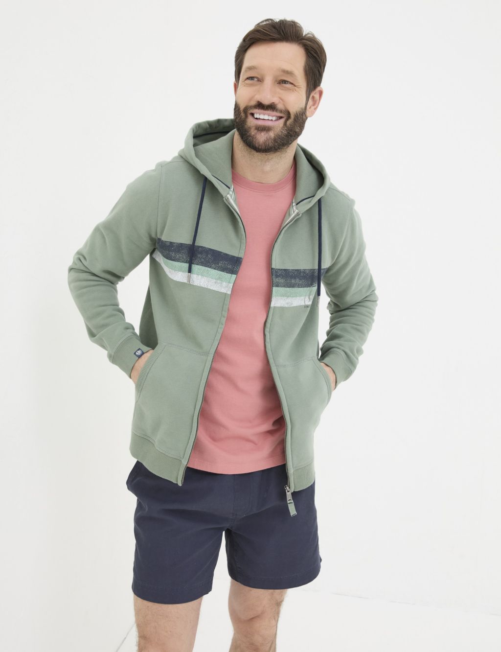 Pure Cotton Striped Zip Up Hoodie
