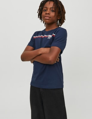 Pure Cotton Striped Logo Graphic T-Shirt (8-16 Yrs)