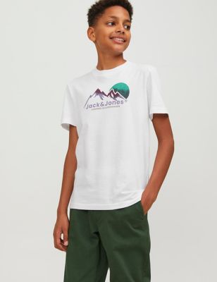 Jack & Jones Junior Boys Pure Cotton Mountain Print T-Shirt (8-16 Yrs) - 10y - White Mix, White Mix