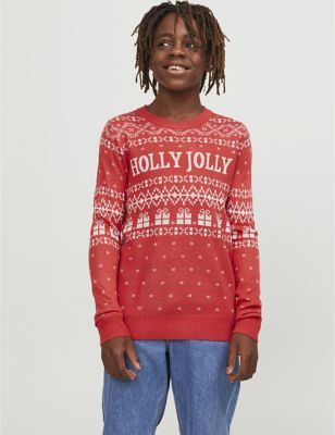 Jack & Jones Junior Boys Knitted Christmas Fair Isle Jumper (8-16 Yrs) - 8y - Red Mix, Red Mix
