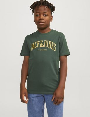 Jack & Jones Junior Boy's Pure Cotton Slogan T-Shirt (8-16 Yrs) - 14y - Dark Green, Dark Green,Light