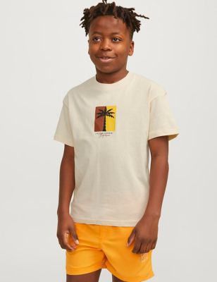 Jack & Jones Junior Boys Pure Cotton Palm Tree T-Shirt (8-16 Yrs) - 8y - Cream Mix, Cream Mix