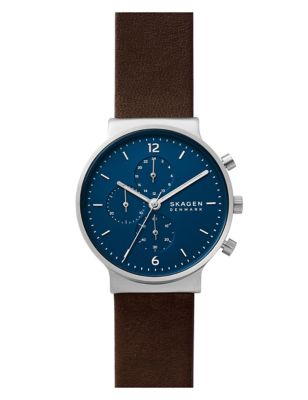 M&S Mens Skagen Ancher Chronograph Brown Leather Watch