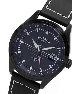 M&S Mens Rotary Horizon Black Leather Watch  Black