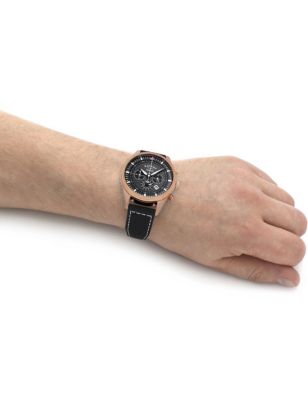 M&S Mens Rotary Horizon Black Leather Chronograph Watch