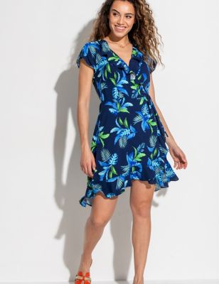Pour Moi Women's Printed V-Neck Frill Detail Mini Beach Dress - 8 - Dark Blue Mix, Dark Blue Mix