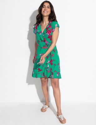 Pour Moi Women's Floral V-Neck Wrap Detail Mini Beach Dress - 8 - Green Mix, Green Mix