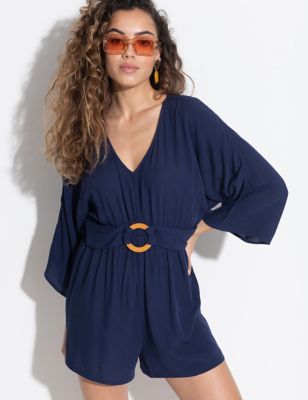 Pour Moi Womens Belted Crinkle Playsuit - 8 - Dark Blue, Dark Blue
