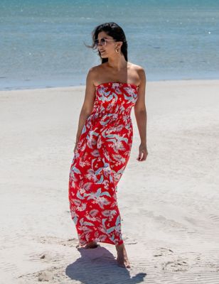Pour Moi Womens Printed Shirred Bandeau Maxi Beach Dress - 10 - Red Mix, Red Mix