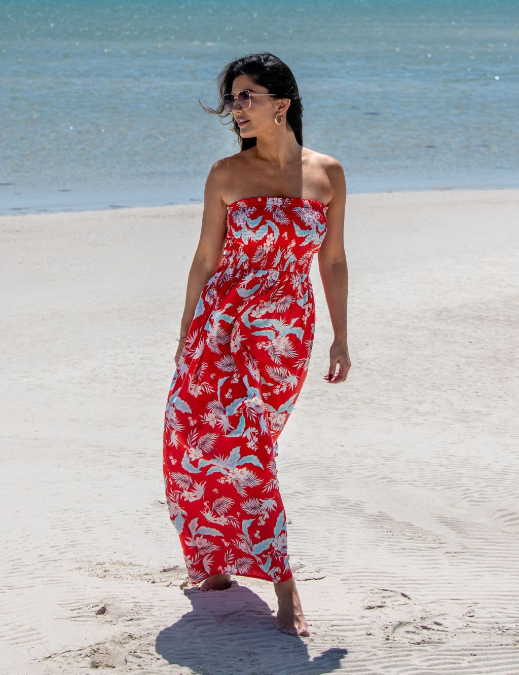 Printed Shirred Bandeau Maxi Beach Dress