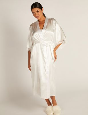 Boux Avenue Women's Amelia Satin Lace Trim Wide Sleeve Robe - Ivory, Ivory