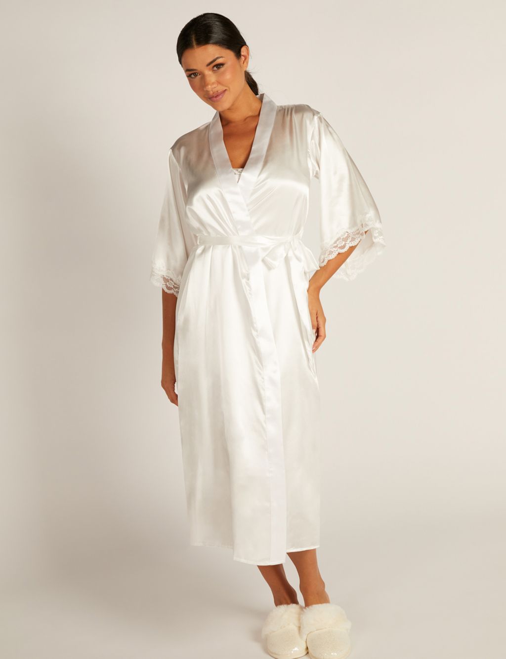 Amelia Satin Lace Trim Wide Sleeve Robe