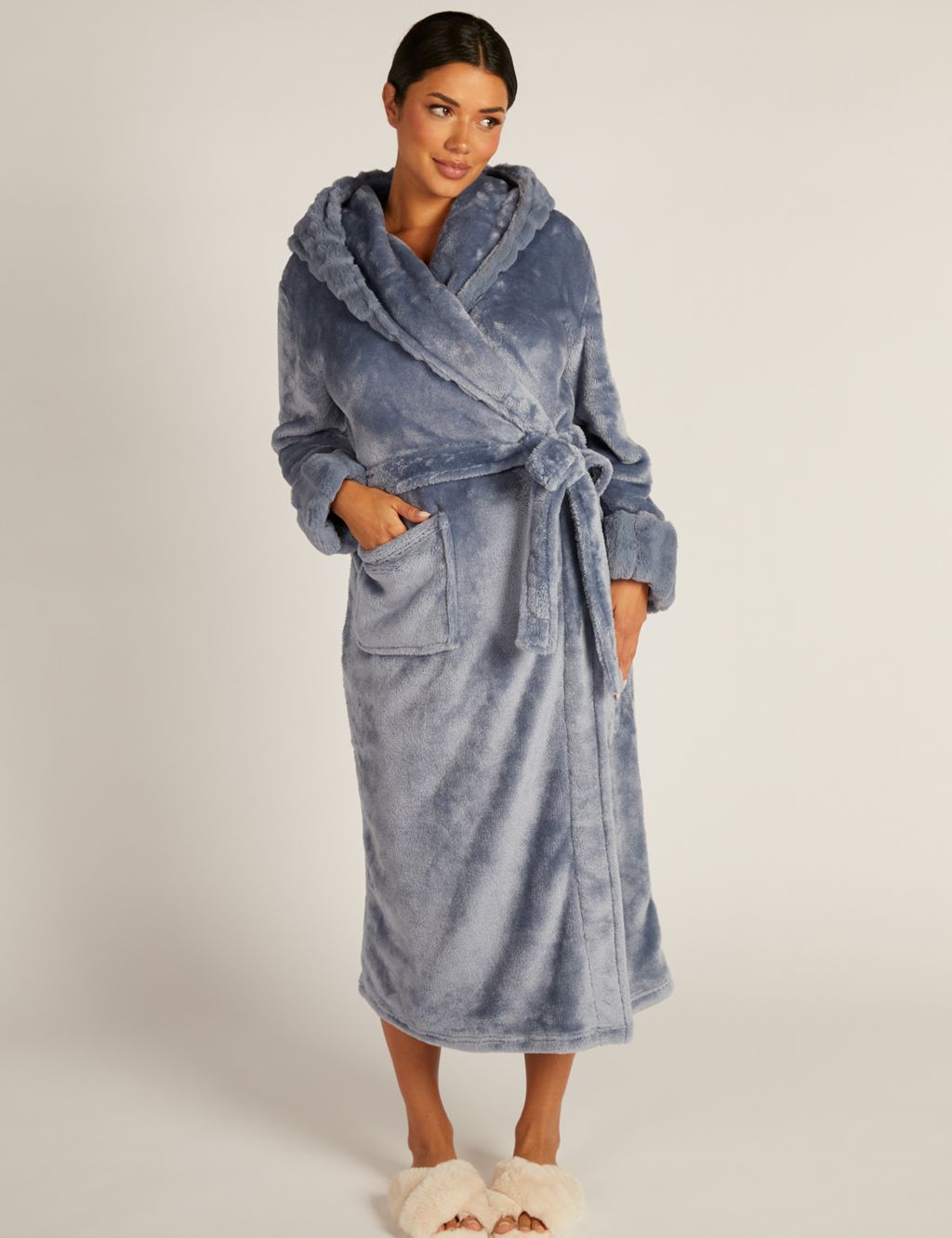 Faux Fur Textured Hooded Long Dressing Gown image 1