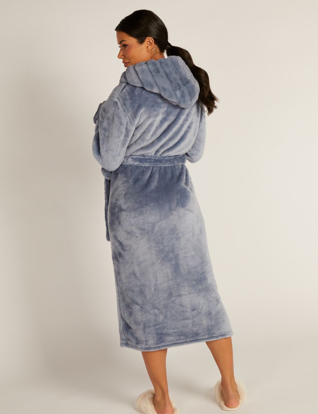Faux Fur Textured Hooded Long Dressing Gown image 3