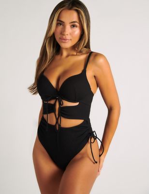 Boux Avenue Womens Naples Wired Padded Plunge Swimsuit - 32B - Black, Black