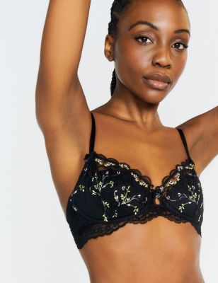 Boux Avenue Womens Rosalie Embroidered Lace Wired Balcony Bra - 32F - Black, Black