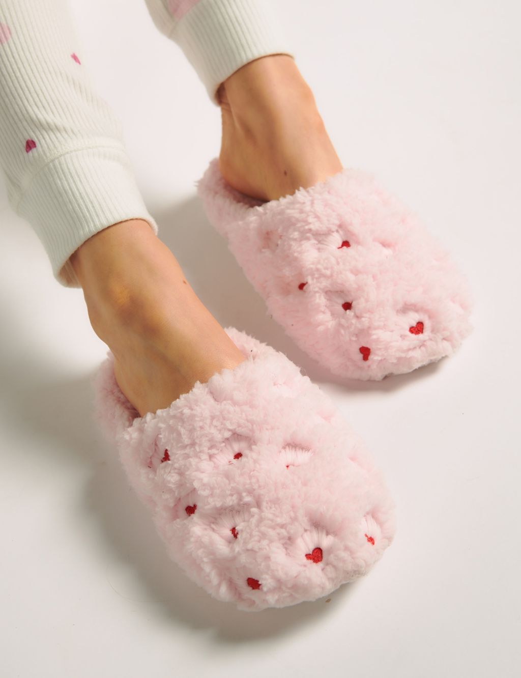 Faux Fur Heart Embroidered Mule Slippers