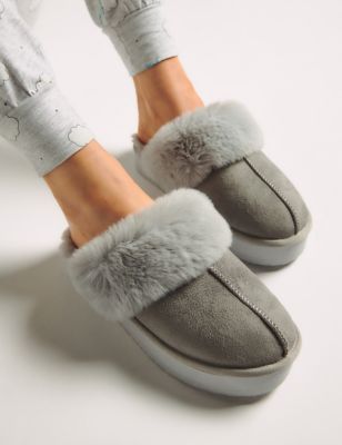 Boux Avenue Women's Faux Fur Platform Mule Slippers - 3-4 - Grey, Grey