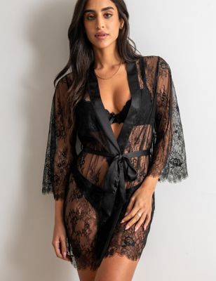 Pour Moi Womens For Your Eyes Only Floral Lace Short Robe - 8 - Black, Black