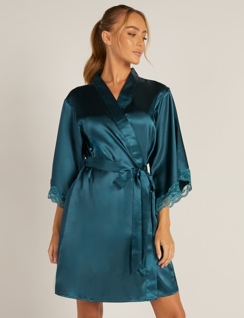Amelia Satin Lace Trim Short Robe image 1