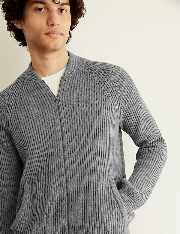 Pure Cotton Ribbed Zip Up Cardigan