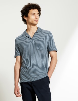 Cotton And Linen Striped Open Collar Polo Shirt