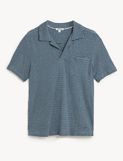 Cotton And Linen Striped Open Collar Polo Shirt