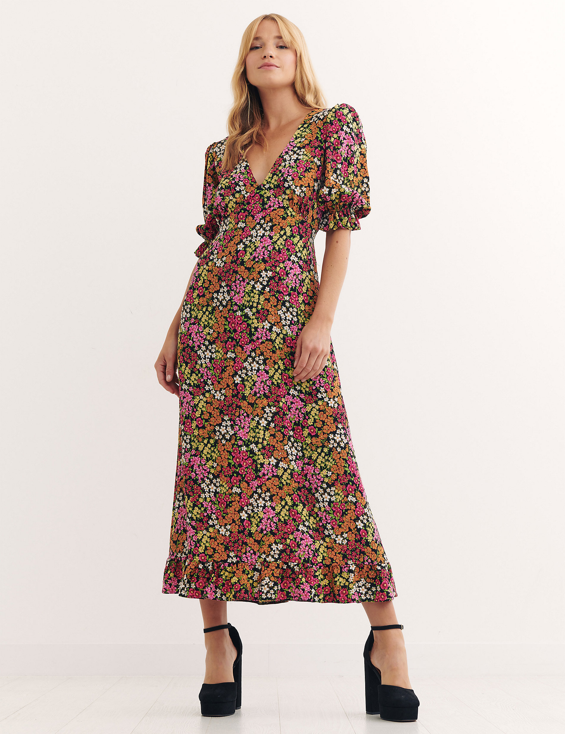 Floral V-Neck Short Sleeve Midi Tea Dress