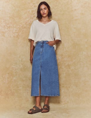 

Womens Nobody's Child Denim Split Front Midi Pencil Skirt - Blue, Blue