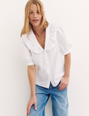 

Womens Nobody's Child Organic Cotton Collared Short Sleeve Blouse - White, White