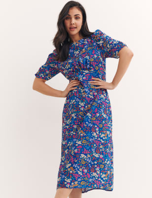 

Womens Nobody's Child Geblümtes Midi-Teekleid mit Rundhalsausschnitt - Blue Mix, Blue Mix