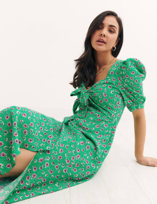 

Womens Nobody's Child Floral V-Neck Short Sleeve Midi Tea Dress - Green Mix, Green Mix