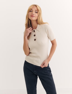 

Womens Nobody's Child Ribbed Collared Short Sleeve Knitted Top - Oatmeal, Oatmeal