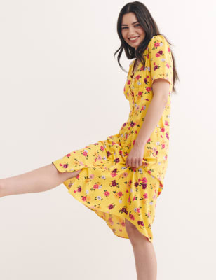 

Womens Nobody's Child Durchgeknöpftes Midi-Teekleid mit V-Ausschnitt und Blumenmuster - Yellow, Yellow
