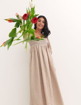 

Womens Nobody's Child Midi-Smokkleid mit hohem Baumwollanteil und Gingham-Muster - Brown, Brown