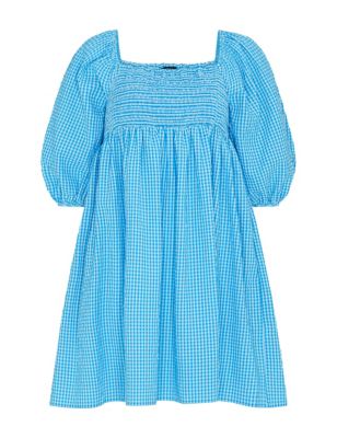 

Womens Nobody's Child Cotton Rich Gingham Square Neck Mini Dress - Blue Mix, Blue Mix