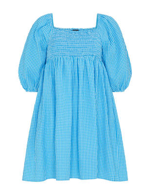 

Womens Nobody's Child Cotton Rich Gingham Square Neck Mini Dress - Blue Mix, Blue Mix