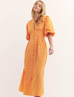 

Womens Nobody's Child Pure Cotton Gingham V-Neck Midi Dress - Orange Mix, Orange Mix