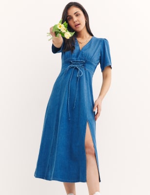 

Womens Nobody's Child Denim V-Neck Tie Front Midi Tea Dress - Blue, Blue