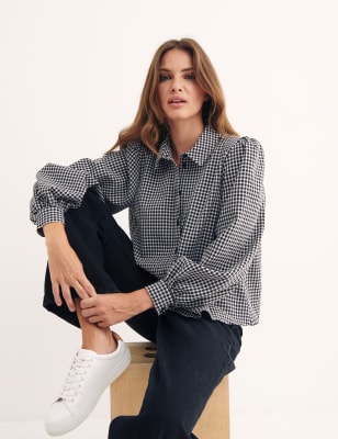 

Womens Nobody's Child Kariertes Hemd aus Baumwollmischung mit Blousonärmeln - Black Mix, Black Mix