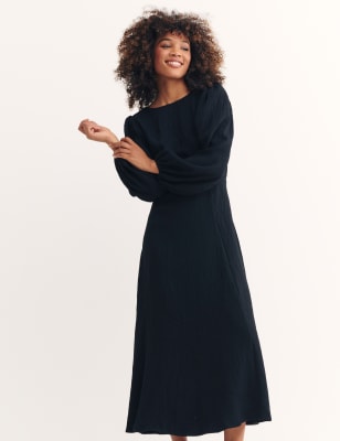 

Womens Nobody's Child Blouson Sleeve Midi Dress with Linen - Black, Black