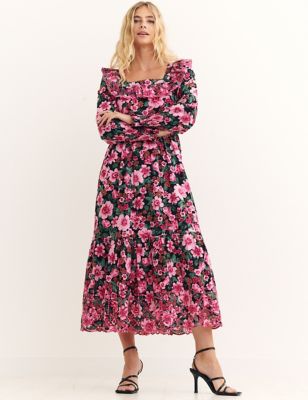Marks And Spencer Womens Nobody's Child Pure Cotton Floral Square Neck Midi Dress - Multi